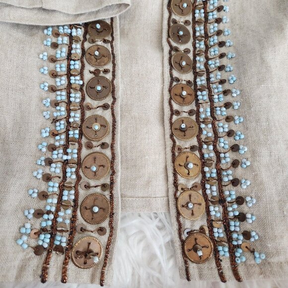 Chicos Jacket Women's 2 L 12 Embellished 100% Linen 3/4 Sleeves Tan Boho Casual‎ - Picture 14 of 15